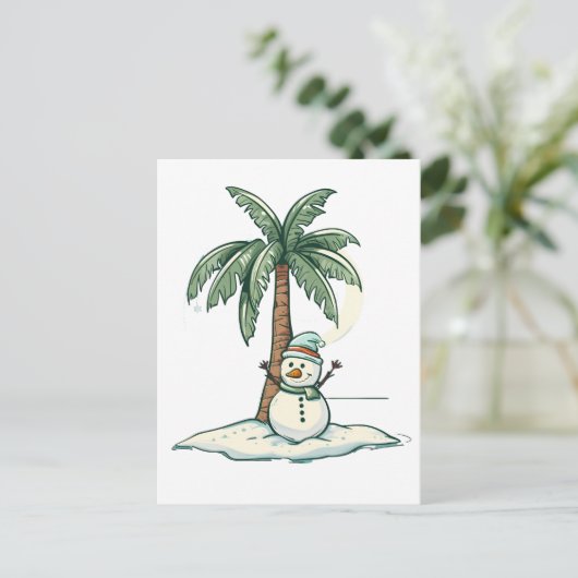 Kerst - Sneeuwman op het strand met palmboom Briefkaart (Staand voorkant)