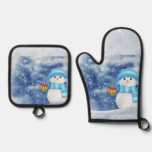 Kerst Sneeuwman Oven Mitt & Pot Houders Ovenwant & Pannenlap Set (Voorkant)