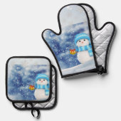 Kerst Sneeuwman Oven Mitt & Pot Houders Ovenwant & Pannenlap Set (Voorkant / Achterkant)