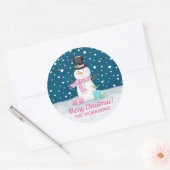 Kerst Sneeuwman Roze Schattige gepersonaliseerd Ronde Sticker (Envelop)