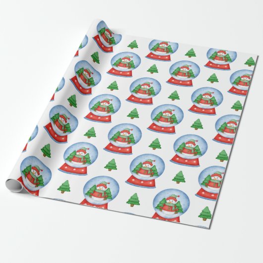 Kerst Sneeuwman Wereldbol en kerstbomen Cadeaupapier (Uitgerold)