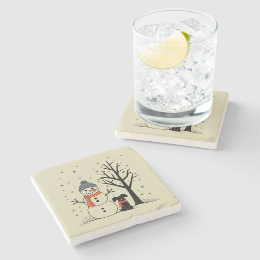 Kerst Sneeuwman Xmas Hond Winter Stenen Onderzetter (Zijkant)