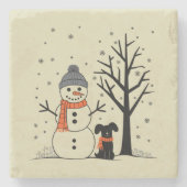 Kerst Sneeuwman Xmas Hond Winter Stenen Onderzetter (Voorkant)