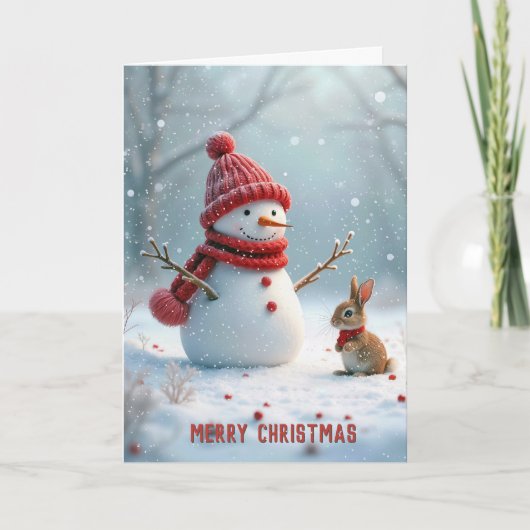 Kerst sneeuwpop met konijn feestdagen kaart (Voorkant)