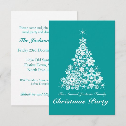 Kerst sneeuwvlok boom feestuitnodiging blauwgroen kaart (Voorkant / Achterkant)