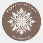 Kerst Sneeuwvlok Bruin Aangepaste Vakantie Ronde Sticker (Voorkant)