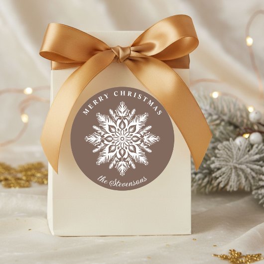 Kerst Sneeuwvlok Bruin Aangepaste Vakantie Ronde Sticker