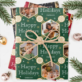 Kerst Sneeuwvlok Foto Groen Rood Zwart 3 Inpakpapier Vel