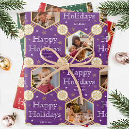 Kerst Sneeuwvlok Foto Paarse Rood Groen 3 Inpakpapier Vel