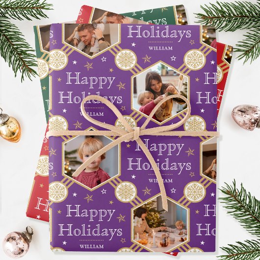 Kerst Sneeuwvlok Foto Paarse Rood Groen 3 Inpakpapier Vel