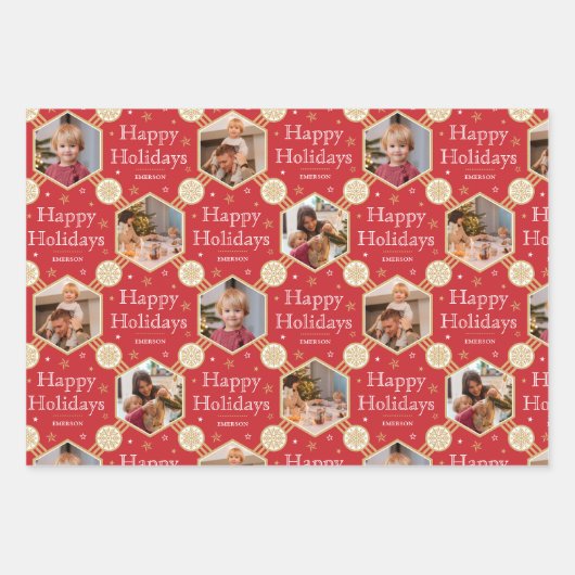 Kerst Sneeuwvlok Foto Rood Groen Blauw 3 Inpakpapier Vel (Voorkant)