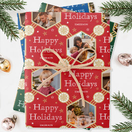 Kerst Sneeuwvlok Foto Rood Groen Blauw 3 Inpakpapier Vel