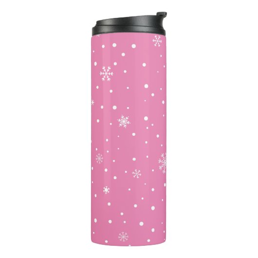 Kerst Sneeuwvlok Roze en Witte Polka Dot Thermosbeker (Gedraaid links)