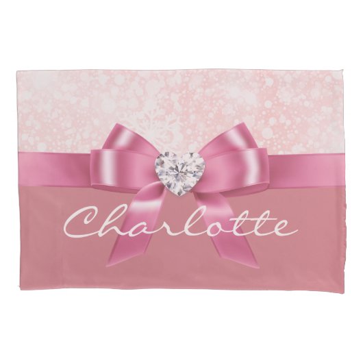Kerst Sneeuwvlok Roze Ribbon Diamanten Kussen Kussensloop (Voorkant)