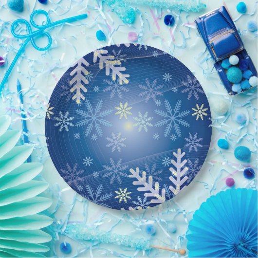 Kerst Sneeuwvlokken - Blauw Achtergrond Papier Bor Papieren Bordje (Feest)