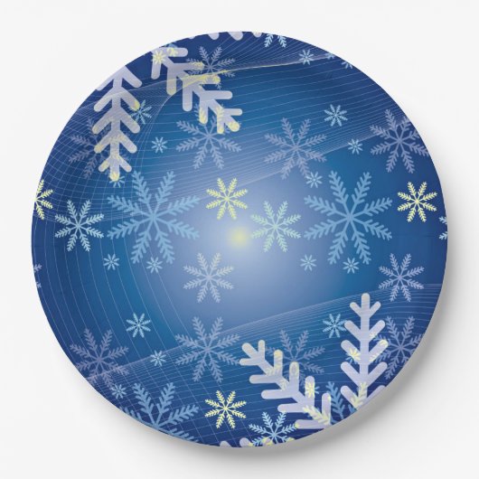 Kerst Sneeuwvlokken - Blauw Achtergrond Papier Bor Papieren Bordje (Voorkant)