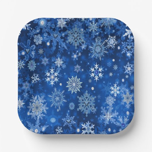Kerst Sneeuwvlokken Blauw & Zilver Papier Servette Papieren Bordje (Voorkant)