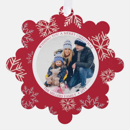 Kerst Sneeuwvlokken rood Foto Ornament Kaart (Voorkant)