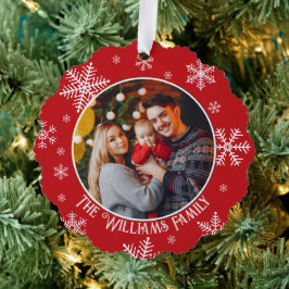 Kerst Sneeuwvlokken Rood Foto Ornament Kaart