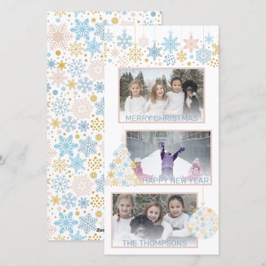 Kerst Sneeuwvlokken Roze Blauw Goud Collage FOTO Feestdagenkaart (Voorkant / Achterkant)