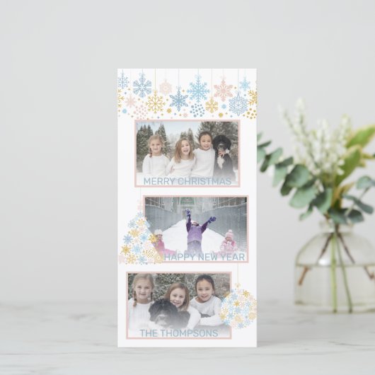 Kerst Sneeuwvlokken Roze Blauw Goud Collage FOTO Feestdagenkaart (Staand voorkant)