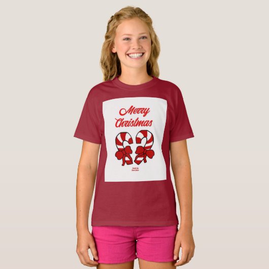Kerst snoep Canes Meisjes Maroon Basic T Shirt (Voorkant volledig)