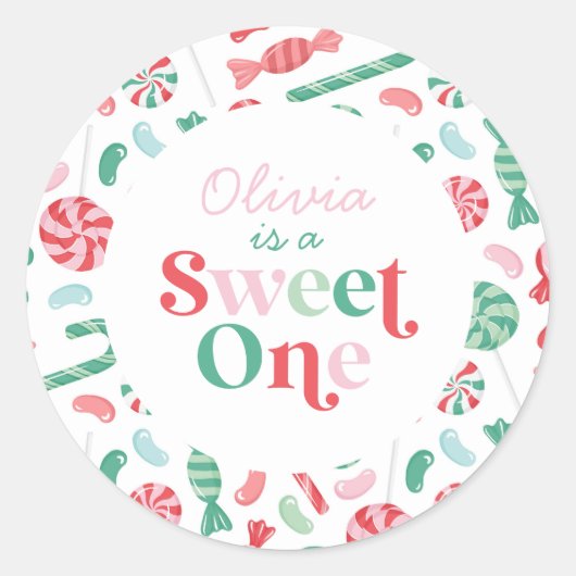 Kerst Snoep Sweet One Eerste Verjaardag Ronde Sticker (Voorkant)