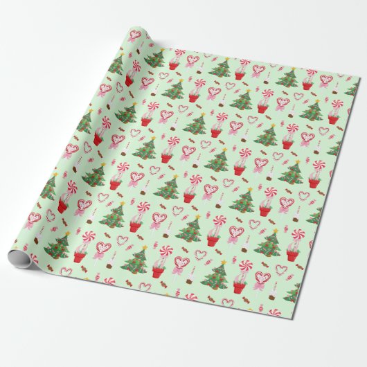 Kerst Snoep Trees Pattern Cadeaupapier (Uitgerold)