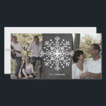 Kerst Snowflake Krijtbord Twee Foto's Feestdagenkaart<br><div class="desc">Deze zwart-witte vakantiepas is voorzien van een afbeelding van een oud krijtbord,  een witte sneeuwvlok en ruimte voor twee foto's.</div>