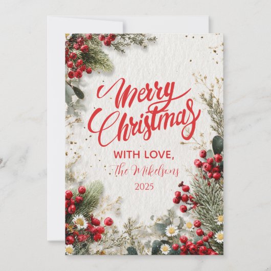 Kerst Snowy Greenery en bessen Feestdagenkaart (Voorkant)