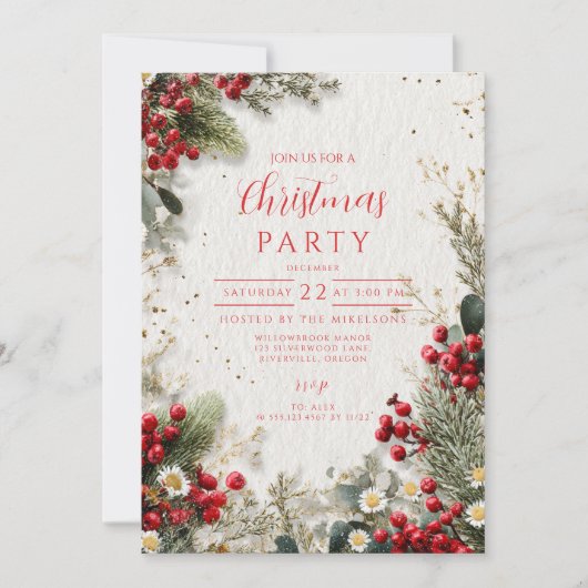 Kerst Snowy Greenery en bessen Kaart (Voorkant)