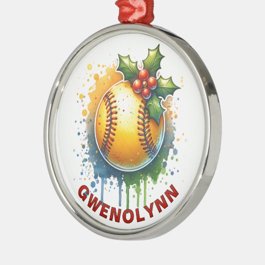 Kerst Softbal Custom Name Metalen Ornament (Links)