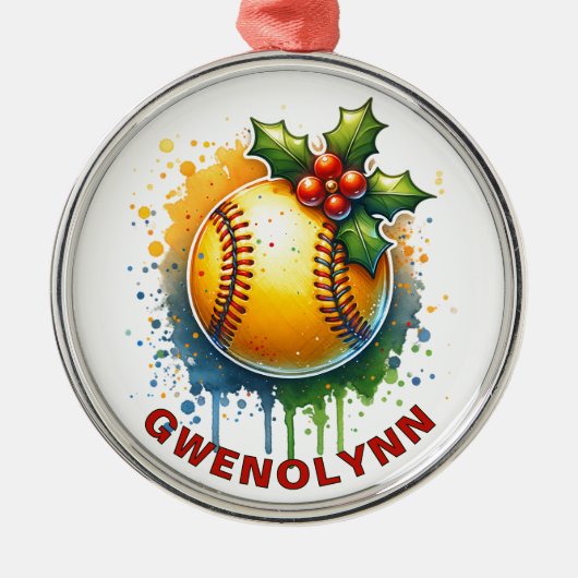 Kerst Softbal Custom Name Metalen Ornament (Voorkant)