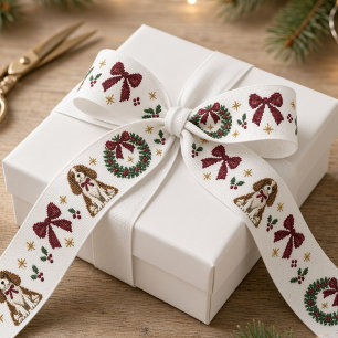 Kerst Spaniel Honden Burgundy Strikken Naaldkant  Satijnen Lint