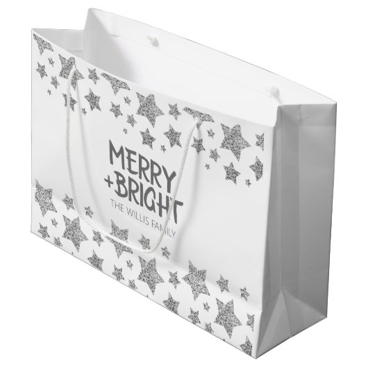 Kerst Sparkle Stars Merry Bright Familienaam Groot Cadeauzakje (Voorkant Gekanteld)