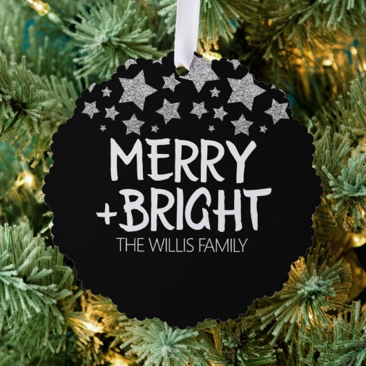 Kerst Sparkle Stars Merry Bright Familienaam Ornament Kaart (Insitu (Drie))