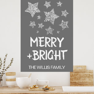 Kerst Sparkle Stars Merry bright Familienaam Poster
