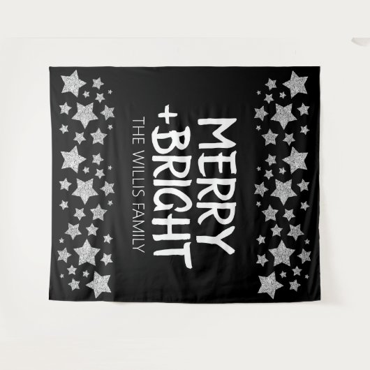 Kerst Sparkle Stars Merry Bright Familienaam Wandkleed (Voorkant (horizontaal))