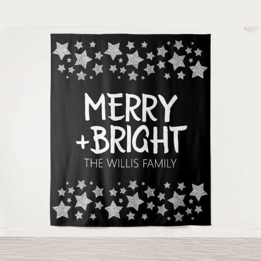 Kerst Sparkle Stars Merry Bright Familienaam Wandkleed (Voorkant)