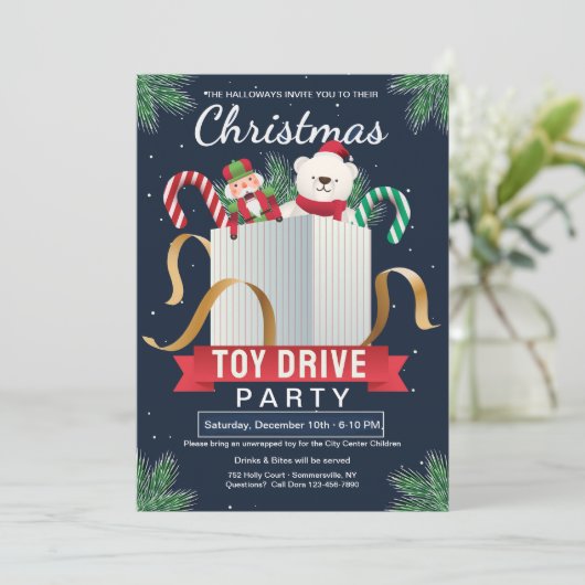 Kerst Speelgoed Drive Party Uitnodiging (Staand voorkant)