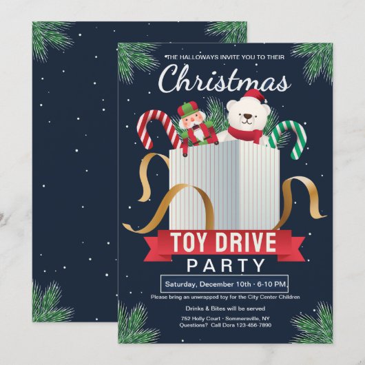 Kerst Speelgoed Drive Party Uitnodiging (Voorkant / Achterkant)