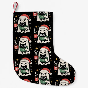 Kerst spook die kat vas houdt in kerstman hoed kof kleine kerstsok