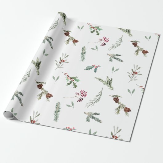 Kerst Spruce & Rode Bessen Cadeaupapier (Uitgerold)