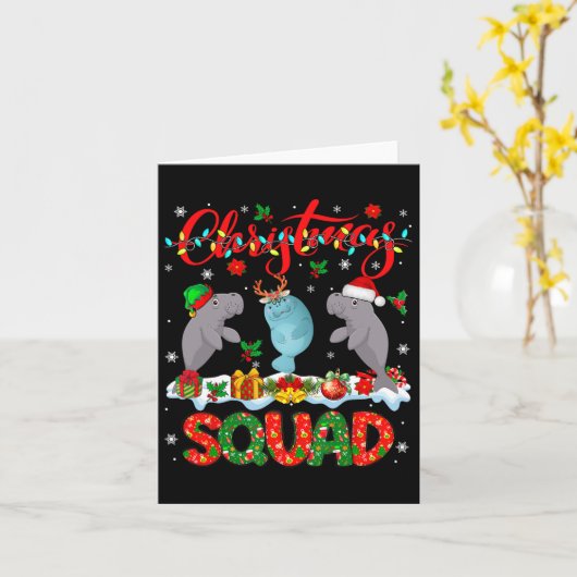 Kerst Squad Drie Santa Rendier Elf Manatees Kaart (Gele Bloem)