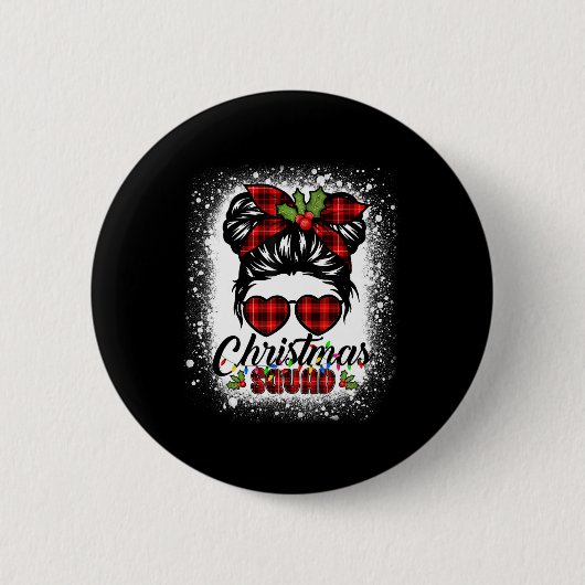 Kerst Squad Messy Bun Buffalo Plaid Leopard Wo Ronde Button 5,7 Cm (Voorkant)
