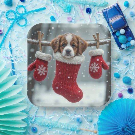 Kerst St. Bernard Puppy in een rode kous Papieren Bordje (Feest)