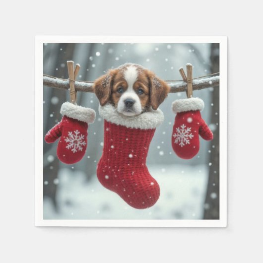 Kerst St. Bernard Puppy in een rode kous Servet (Voorkant)