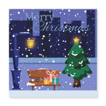 Kerst stadsgezicht met straatlantaarn, boom en gif