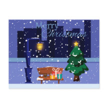 Kerst stadsgezicht met straatlantaarn, boom en gif