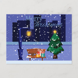 Kerst stadsgezicht met straatlantaarn, boom en gif briefkaart